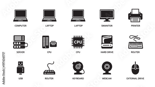 Office equipment icons depict essential workplace hardware and computer peripherals used in professional business environments.