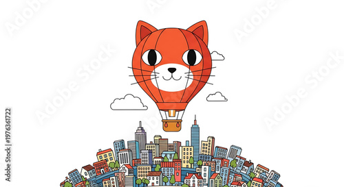 A cartoon fox head in a hot air balloon flying over a colorful cityscape in a whimsical vector illustration.