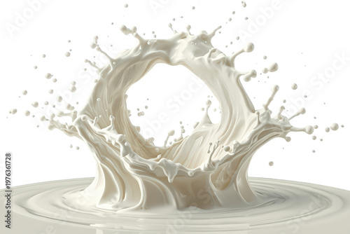 White liquid milk splashing and swirling upwards from a pool, forming an intricate crown shape with flying droplets