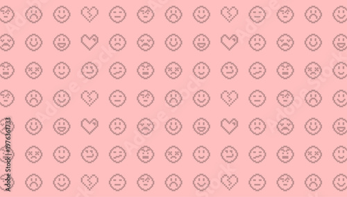 Pixel Art Emoji and Heart Pattern on Pink Background