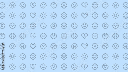 Pixel Art Emoji and Heart Pattern on Pastel Blue Background
