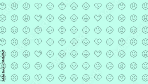 Pixel Art Emoji and Heart Pattern on Turquoise Background