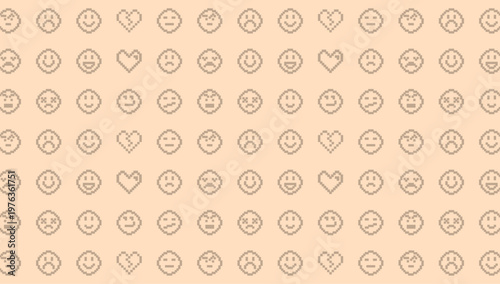 Pixel Art Emoji and Heart Pattern on Peach Background