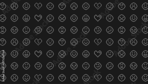 Pixel Art Emoji and Heart Pattern on Black Background