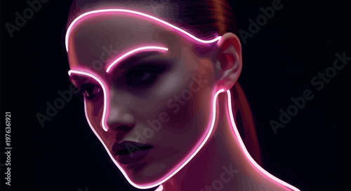 Beautiful young woman posing gracefully with bright pink glowing neon light lines tracing the elegant contours of her face against a dark professional studio background