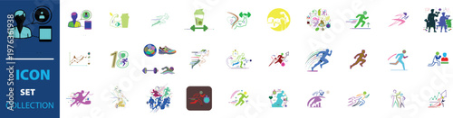 Fitness and sports icon set collection, colorful athletic training symbols, 30 vector icons for gym and healthy lifestyle apps