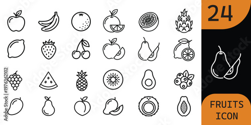 Handdrawn outline icons collection of various fresh fruits and tropical fruits set isolated