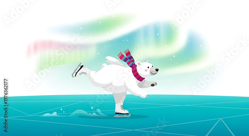 A playful polar bear ice skating on a frozen rink under the aurora borealis