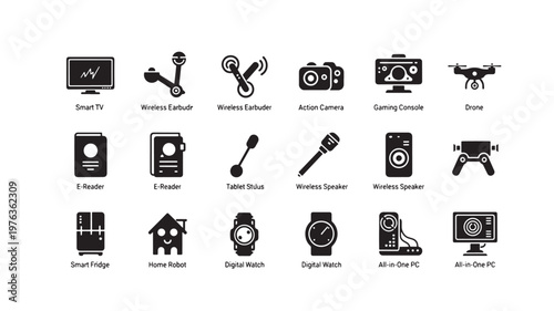 Electronic gadgets icons collection features modern consumer technology including drones, smart watches, wireless speakers, and digital cameras.