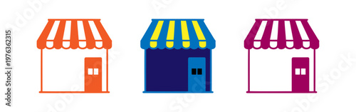 Set of colorful striped market shop awnings with doors