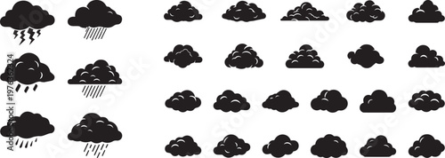 Black cloud vector icons set, hand drawn weather symbols with rain and lightning, 26 storm cloud silhouettes for meteorology and web design isolated PNG with Transparent Background