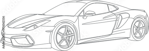 Sleek modern sports car outline drawing showcased as a detailed coloring page for kids and adults who enjoy sketching fast luxury vehicles on white paper