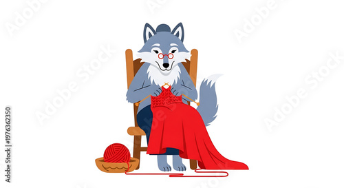 A cartoon wolf sits in a chair knitting a red dress with a ball of yarn beside it.