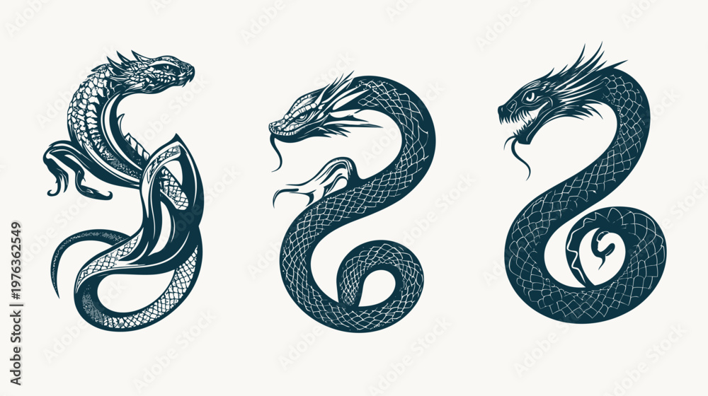 Fototapeta premium Dark illustrations of stylized serpents with detailed scales and menacing features, arranged on white