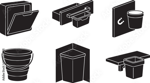 Vector silhouette set of ultra compact composting icons featuring fold down wall bin, drawer integrated collector and telescopic bucket