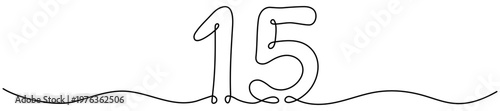 Continuous line drawing number fifteen in single stroke style. Hand drawn mathematical symbol. Birthday concept. Vector illustration isolated on white.
