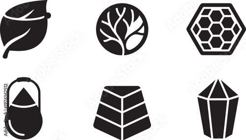 Vector silhouette set of stylized bio-waste icons featuring abstract leaf shape compost bin, ecosystem pod, hexagonal collector and triangular unit