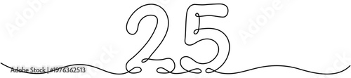 Number twenty five in single stroke style. Hand drawn mathematical symbol. Birthday concept in continuous line drawing style. Vector illustration isolated.