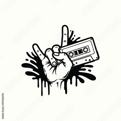 Rock Hand Sign Holding Noise Cassette Tape Ink Drip Vector T-Shirt Design Illustration