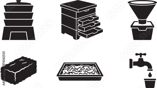 Vector silhouette set of worm farm icons including tiered tower, tray system hotel, casting collector and worm tea spigot