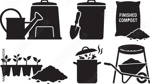 Vector silhouette set of urban gardener composting icons including watering can, composter, trowel, finished compost bag and seedling tray
