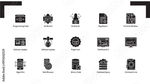 Software icons set displays various programming tools including git branches, binary code, and database queries in a minimalist black style.