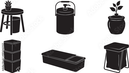 Vector silhouette set of apartment friendly composting units including hidden stool bin, vacuum sealed container and plant pot composter