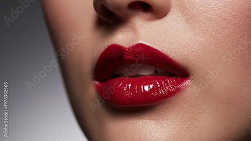 Extreme closeup of womans mouth with glossy bright red lipstick open