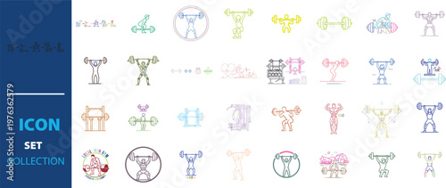 Weightlifting and bodybuilding icon set, 32 fitness line vector elements, colorful gym workout symbols for strength training and athletic health