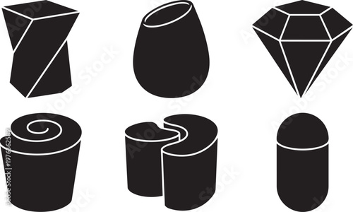Vector silhouette set of avant garde composting bins featuring asymmetrical geometric bin, teardrop pail, diamond collector and spiral top
