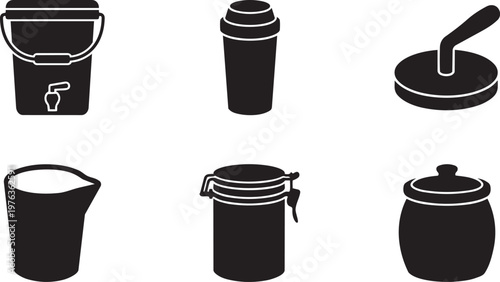 Vector silhouette set of bokashi fermentation icons including bucket with tap, bran shaker, pressing tool and sealed fermenter