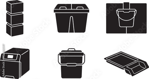 Vector silhouette set of apartment scale waste management icons featuring stackable bin, dual compartment sorter, dehydrator and carbon filter pail