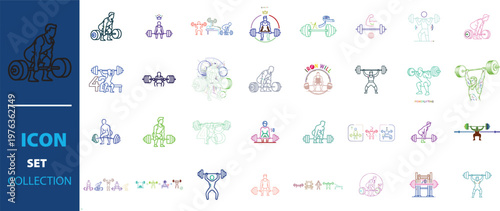 Weightlifting and bodybuilding icon set collection, colorful line art fitness gym symbols, 32 athletic workout vector elements for sports branding