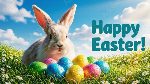 Happy easter greeting with bunny and colorful eggs in grassy field