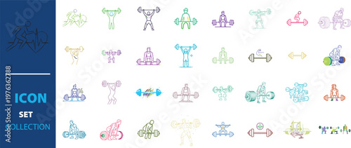 Modern fitness icon set collection, colorful gym and bodybuilding line icons, minimalist weightlifting and workout vector symbols for sports apps