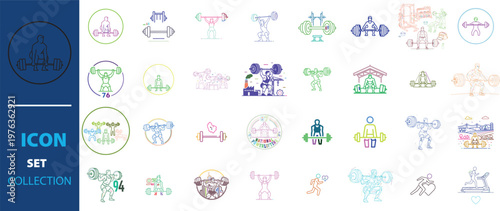 Fitness and bodybuilding icon set collection, gym workout line icons, weightlifting and strength training vector symbols for sports app design