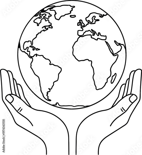 Detailed black and white line art illustration showing a pair of human hands gently holding and protecting the entire planet earth for global environment concepts