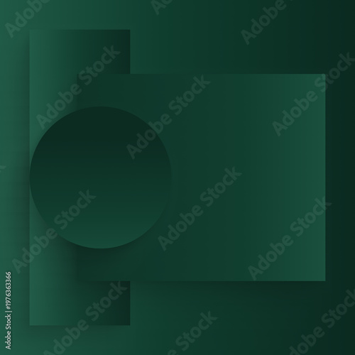 Dark green abstract geometric background with offset circle and square shapes, minimalist gradient modern design, clean composition, contemporary geometry backdrop
