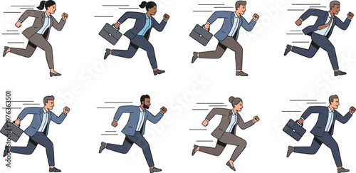 Diverse collection of professional business people running fast with briefcases for time management competition and career urgency concept vector.