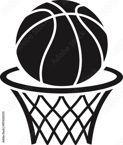 Basketball resting on hoop silhouette vector icon