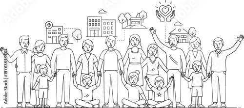 Happy diverse community people standing together with neighborhood icons for social unity family support and humanitarian charity concept line art vector.