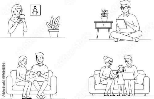 Diverse family members using laptop tablet and smartphone at home for secure online shopping and digital communication line art vector.