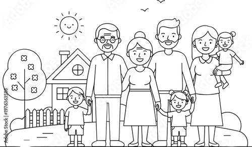 Happy multi generational family standing together in front of house with garden for unity love and heritage concept line art vector.