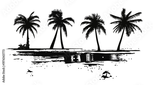 Black and white illustration depicts palm trees, beach and possible old car parts, artistic landscape