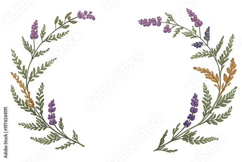 Watercolor floral wreath framing natural botanical elements, green leaves, and purple lavender on transparent background