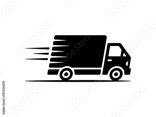 A black silhouette of a delivery truck speeding to the right on a white background