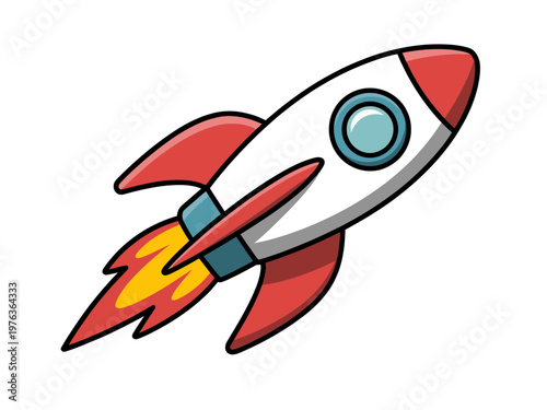 A cartoon rocket ship blasting off into the sky with flames and smoke