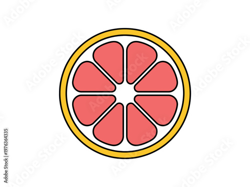 A vibrant vector graphic illustration of a grapefruit slice with a yellow peel and pink segments on a white background