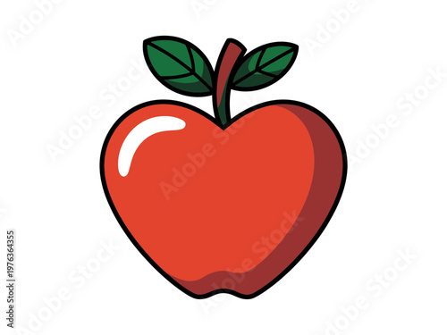 A vibrant red apple icon with green leaves on a white background