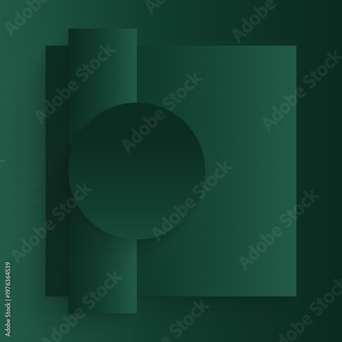 Abstract geometric dark green background with circle and vertical bar shape, minimalist gradient modern design, structured composition, digital abstract backdrop